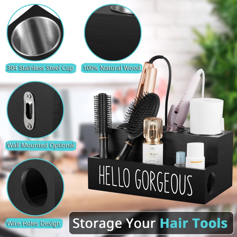 Bivvclaz Hair Tool Organizer Wall Mount  Wooden Hair Dryer Holder Countertop  Hot Tools Organizer for Hair Styling Accessories  Bathroom Supplies Vanity Caddy for Curling Wand  Blow Dryer  Black - Image 3